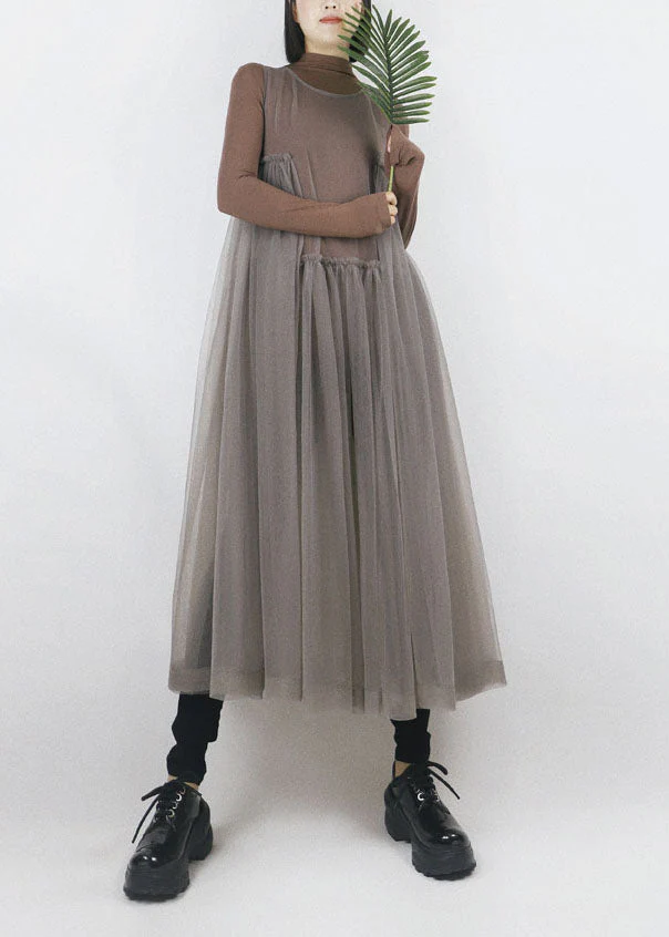 Beautiful Grey O-Neck Asymmetrical Design Tulle Long Dress Sleeveless - Image 3