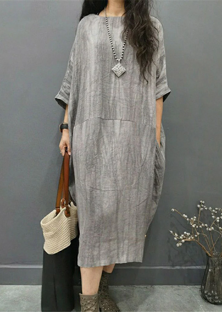 Beautiful Grey O-Neck Wrinkled Side Open Linen Long Dress Batwing Sleeve - Image 3