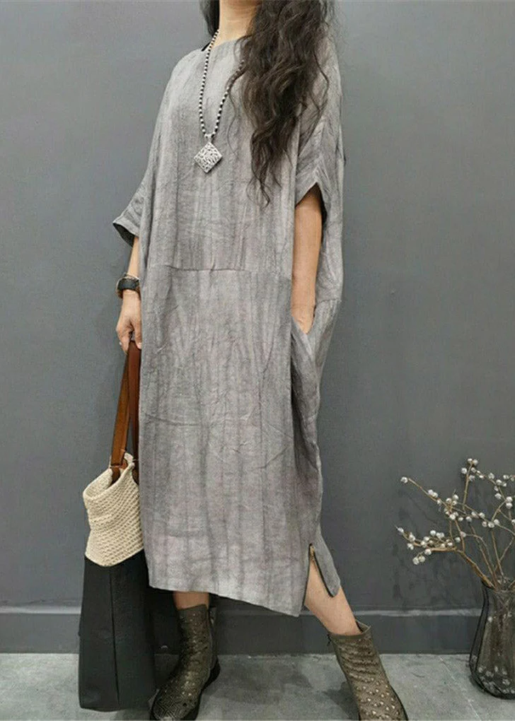 Beautiful Grey O-Neck Wrinkled Side Open Linen Long Dress Batwing Sleeve - Image 4