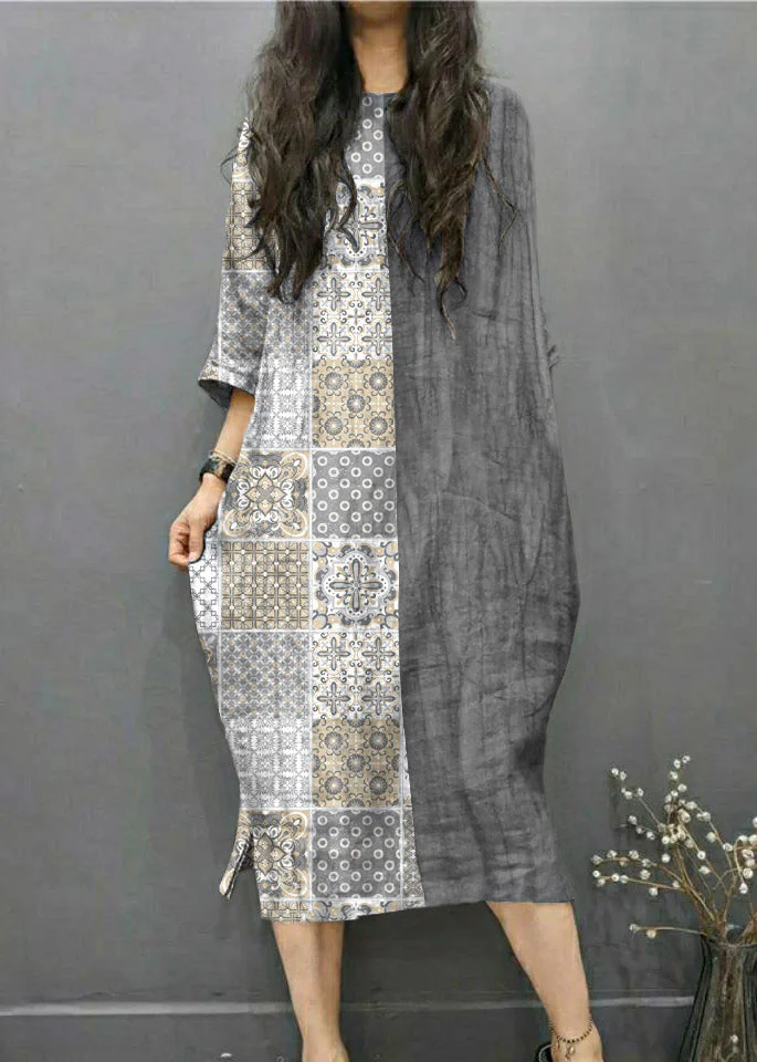 Beautiful Grey O-Neck Wrinkled Side Open Linen Long Dress Batwing Sleeve - Image 6