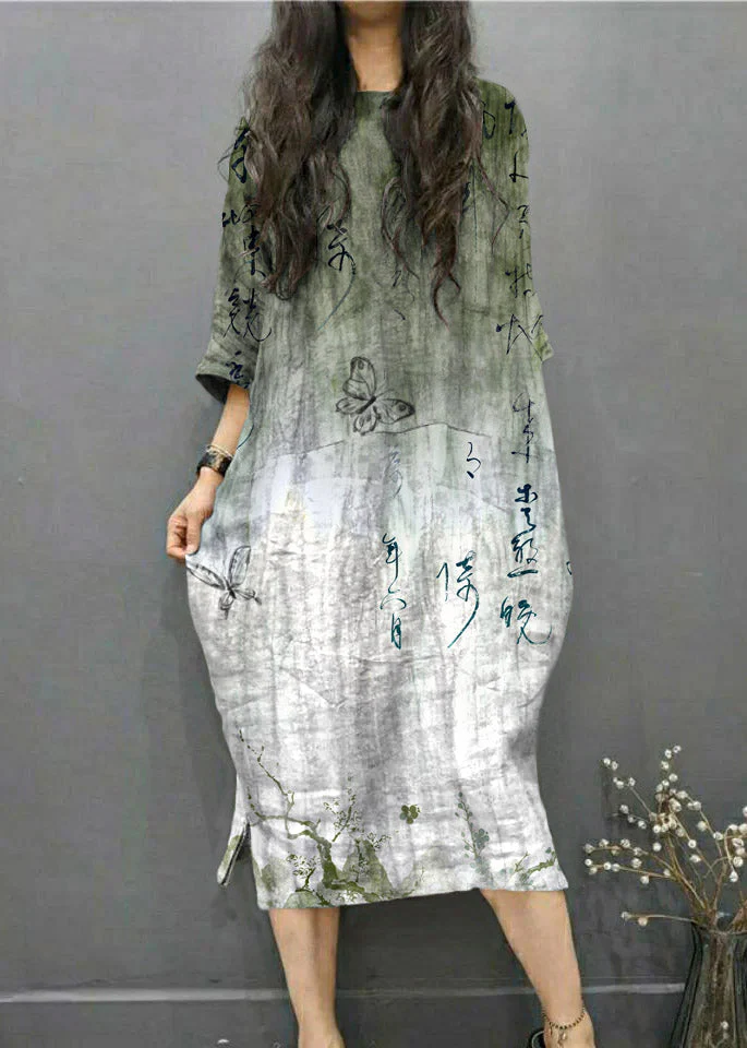 Beautiful Grey O-Neck Wrinkled Side Open Linen Long Dress Batwing Sleeve - Image 7