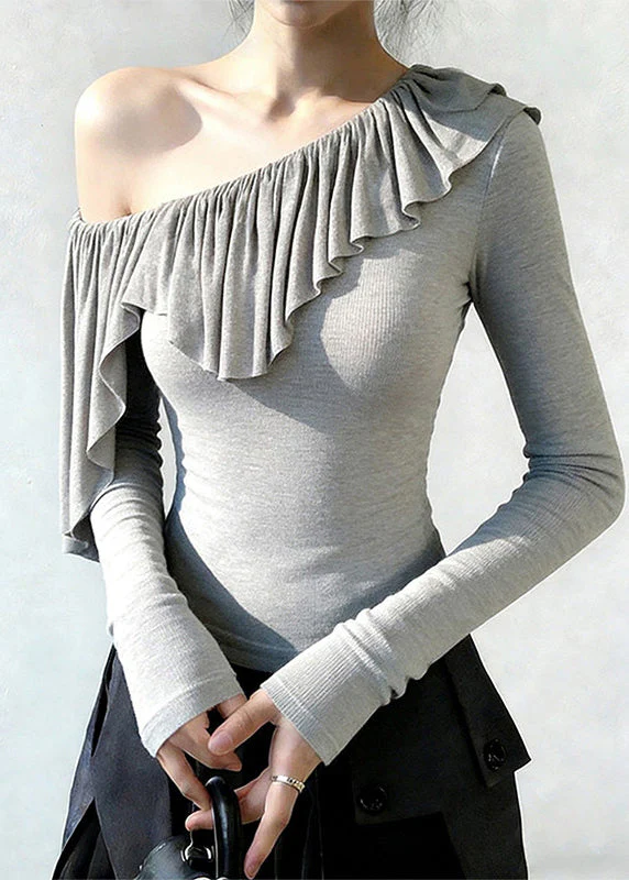 Beautiful Grey One Shoulder Ruffles Cotton Tops Spring