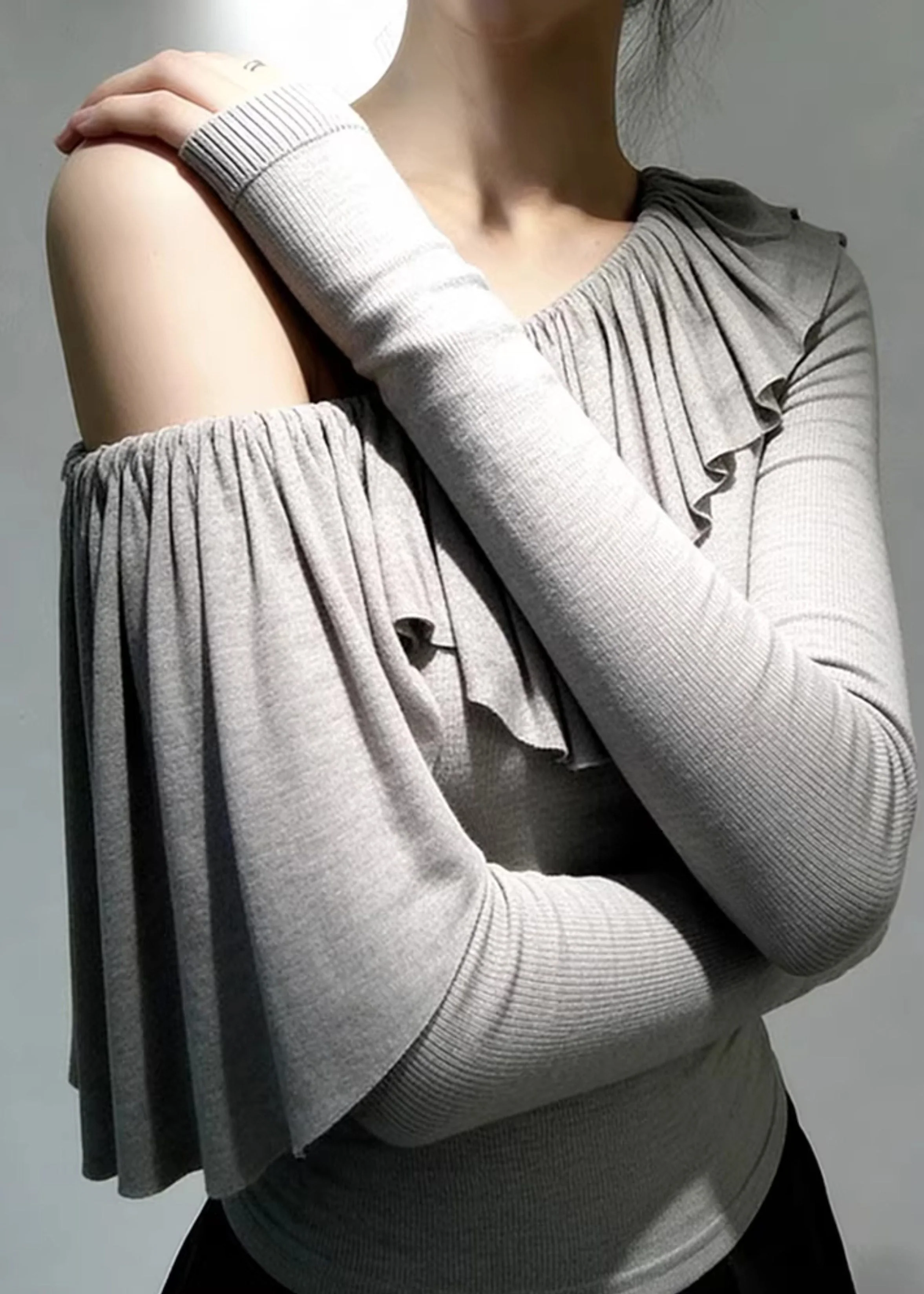 Beautiful Grey One Shoulder Ruffles Cotton Tops Spring - Image 2