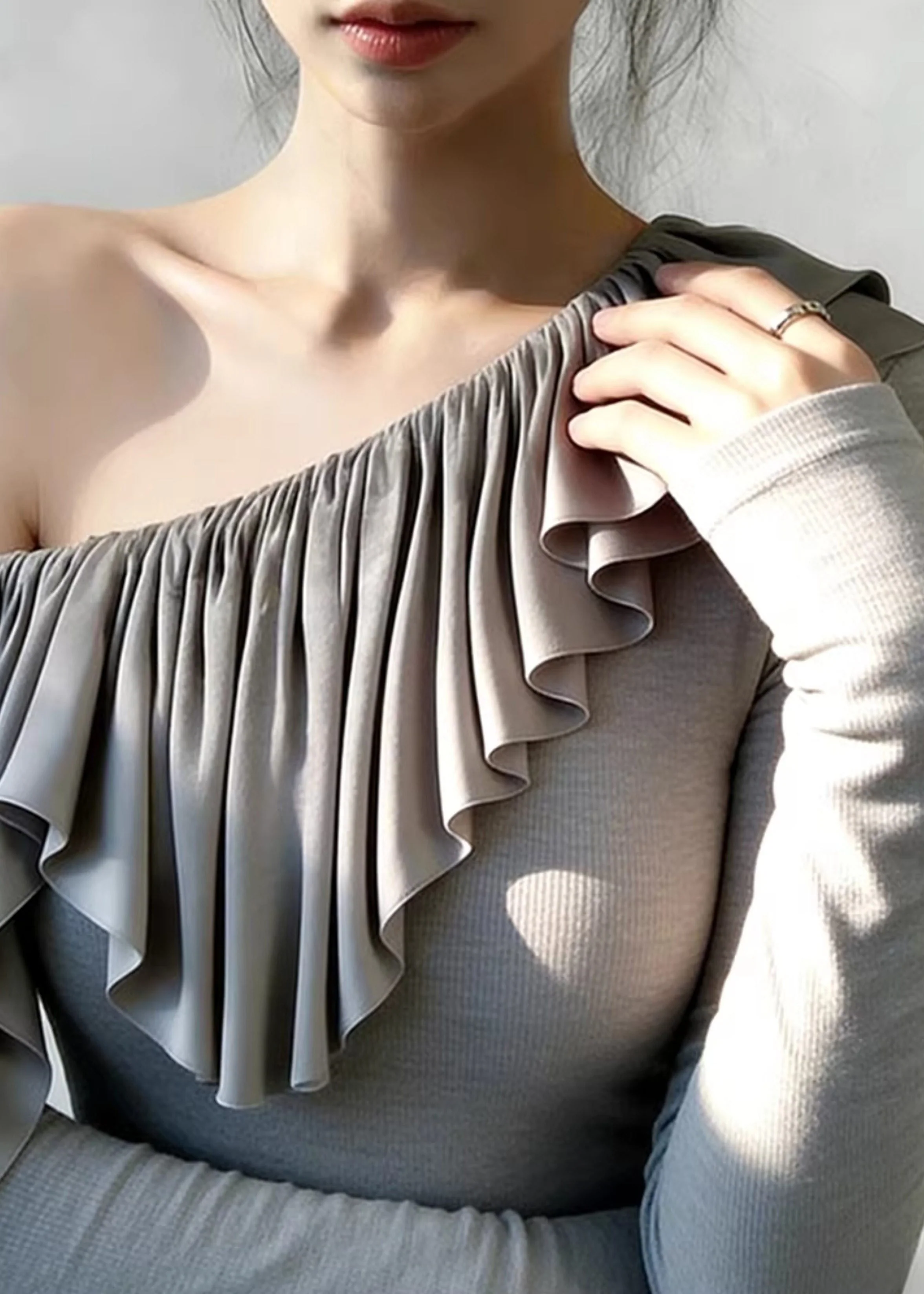 Beautiful Grey One Shoulder Ruffles Cotton Tops Spring - Image 4