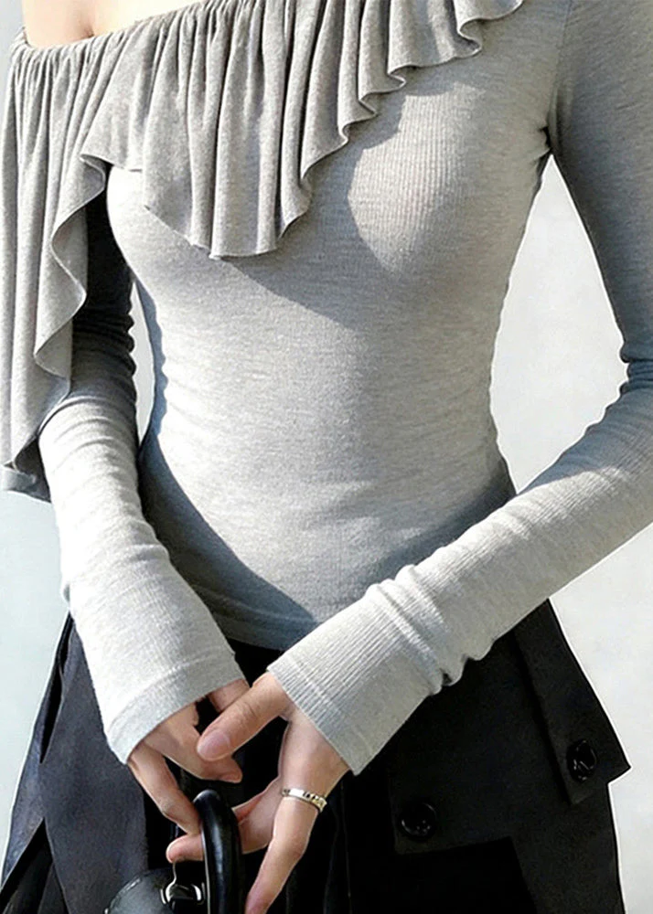 Beautiful Grey One Shoulder Ruffles Cotton Tops Spring - Image 5