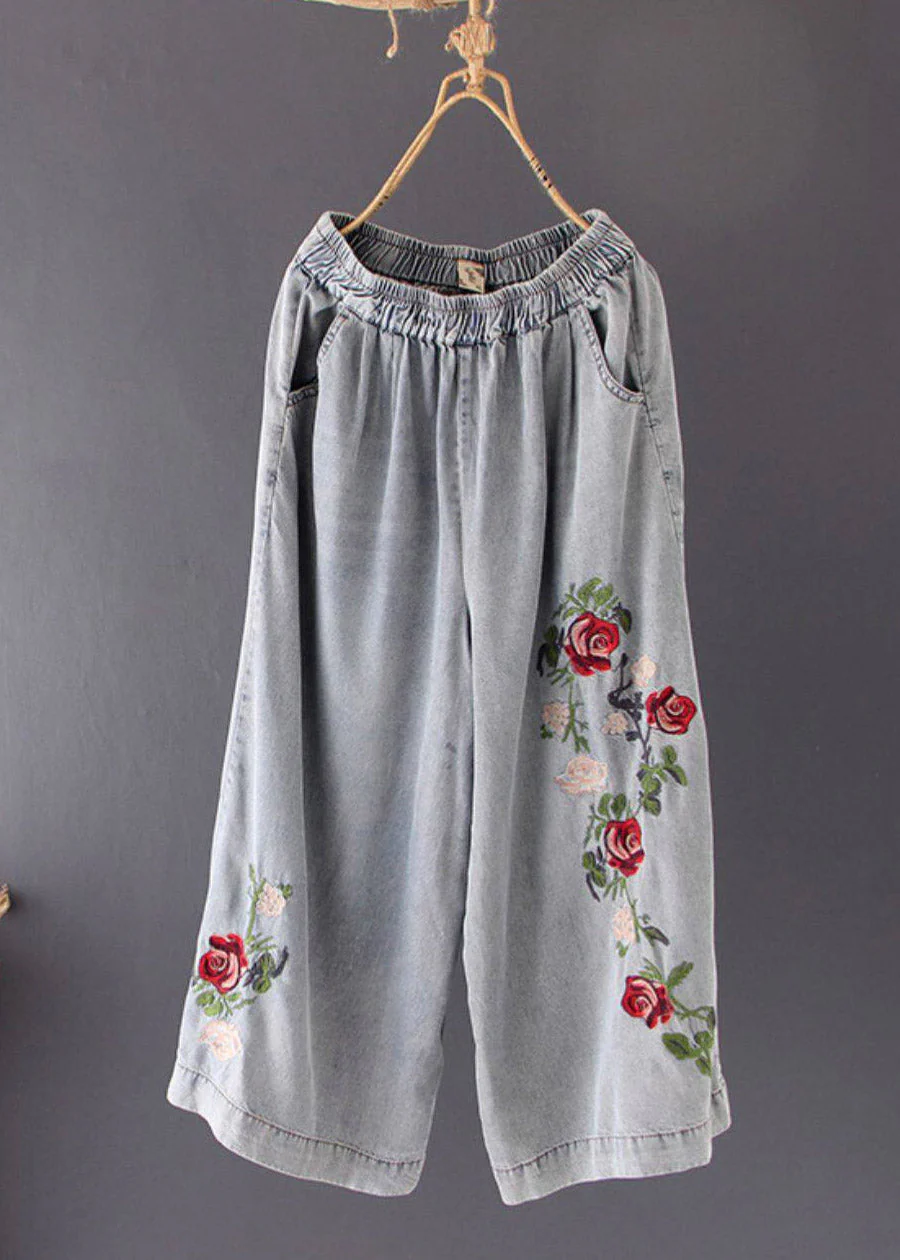 Beautiful Grey Pockets Patchwork Draping Wide Leg Jeans