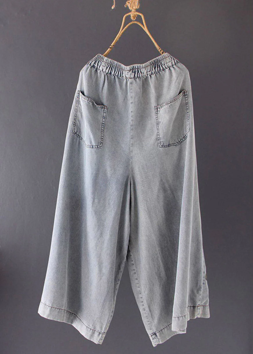 Beautiful Grey Pockets Patchwork Draping Wide Leg Jeans - Image 2