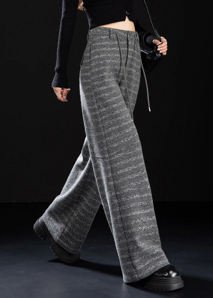 Beautiful Grey Pockets Striped Woolen Wide Leg Pants Winter - Image 2