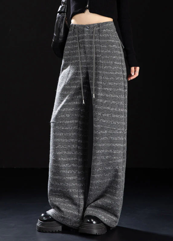 Beautiful Grey Pockets Striped Woolen Wide Leg Pants Winter - Image 3