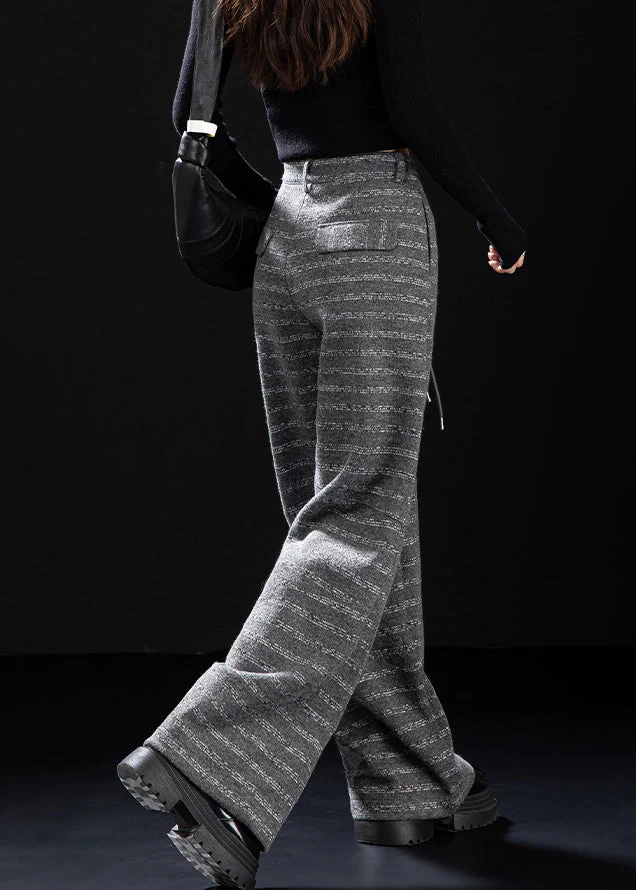 Beautiful Grey Pockets Striped Woolen Wide Leg Pants Winter - Image 4