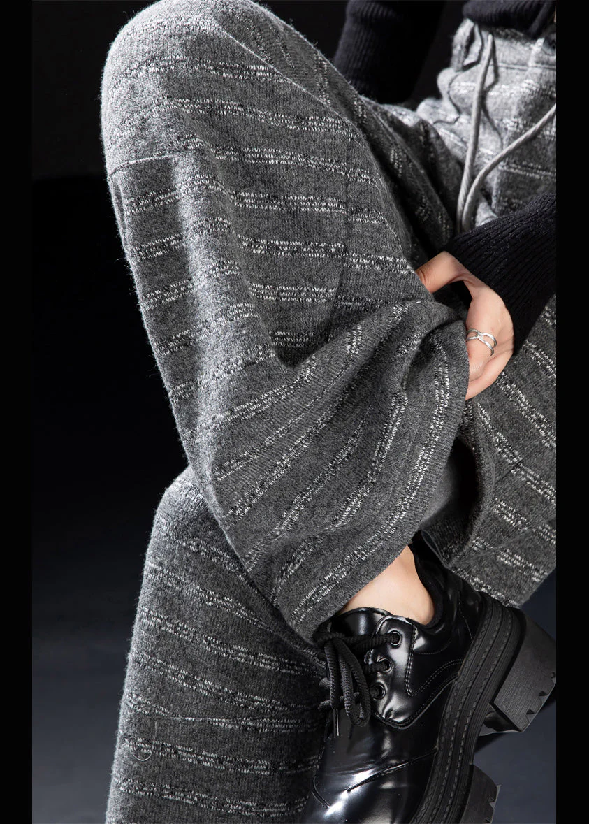 Beautiful Grey Pockets Striped Woolen Wide Leg Pants Winter - Image 5