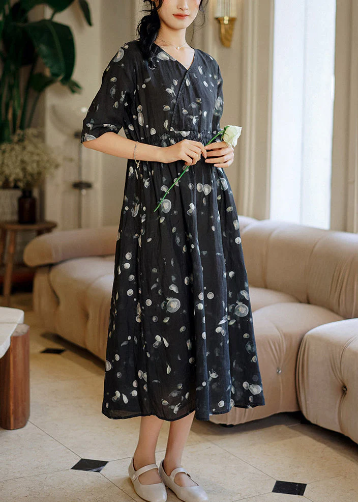 Beautiful Grey Print Patchwork Linen Long Dresses Summer - Image 2