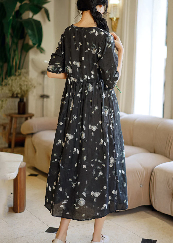 Beautiful Grey Print Patchwork Linen Long Dresses Summer - Image 5