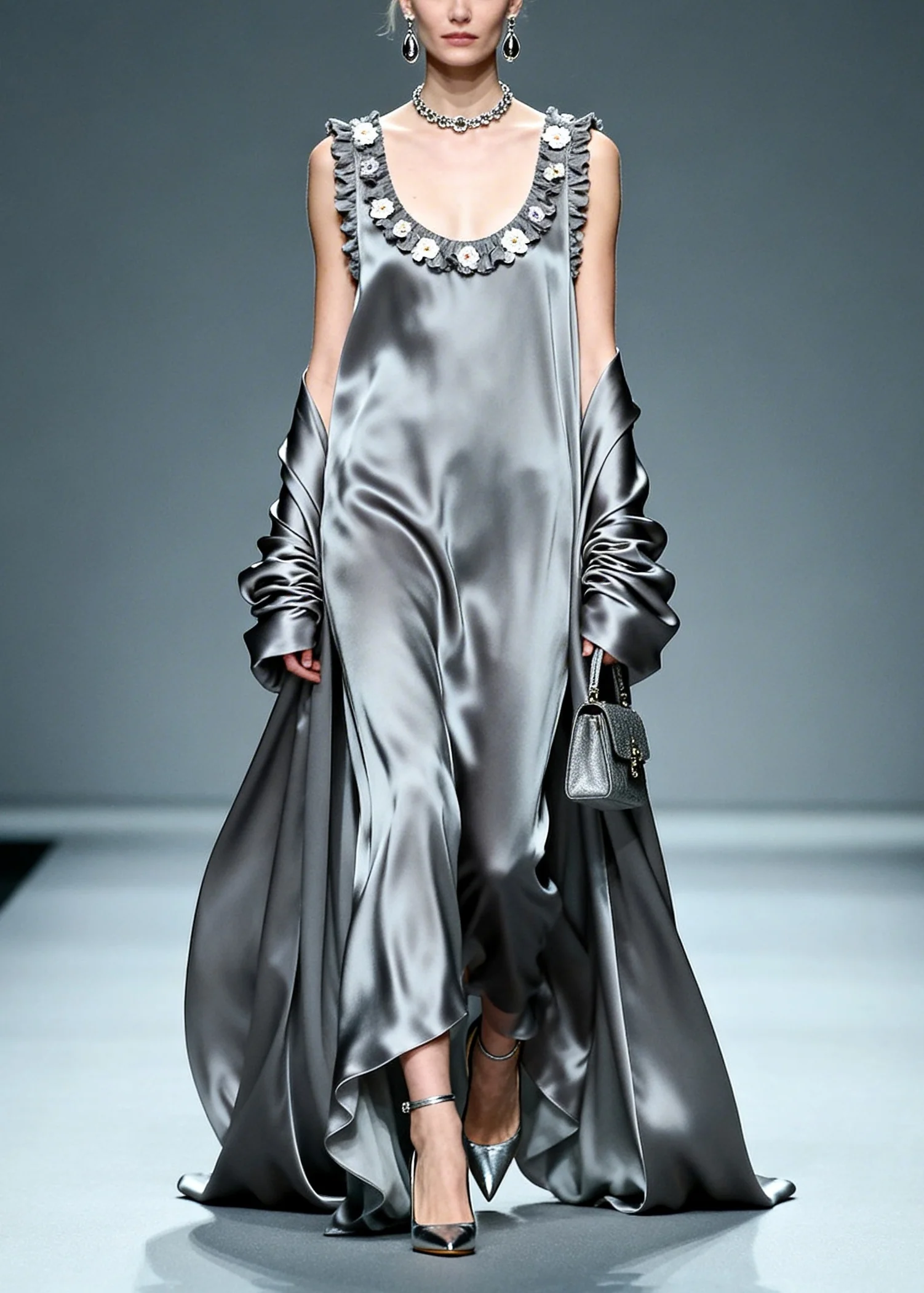 Beautiful Grey Ruffled Floral Silk Vacation Dresses Summer - Image 3