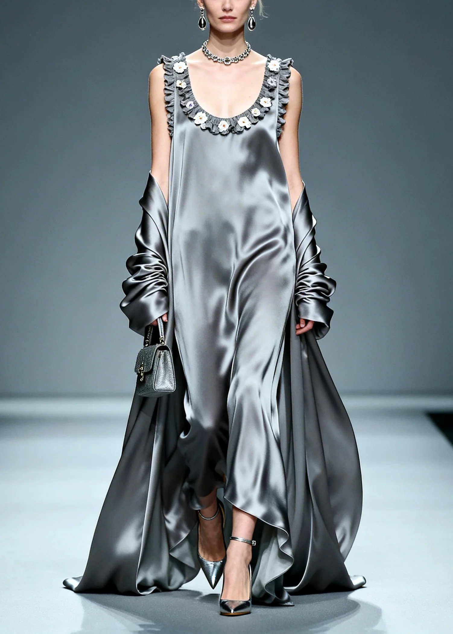Beautiful Grey Ruffled Floral Silk Vacation Dresses Summer - Image 5