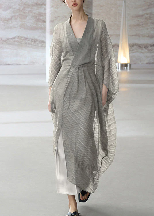 Beautiful Grey V Neck Patchwork Dress Two Piece Set Summer - Image 2