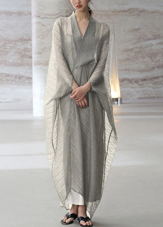 Beautiful Grey V Neck Patchwork Dress Two Piece Set Summer - Image 3