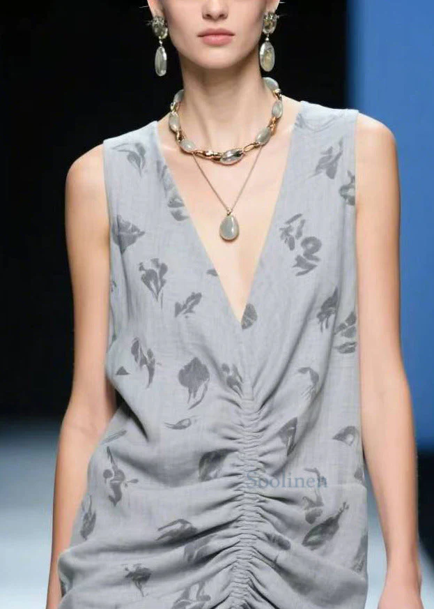 Beautiful Grey Wrinkled Side Open Cotton Tea Dress Summer - Image 2