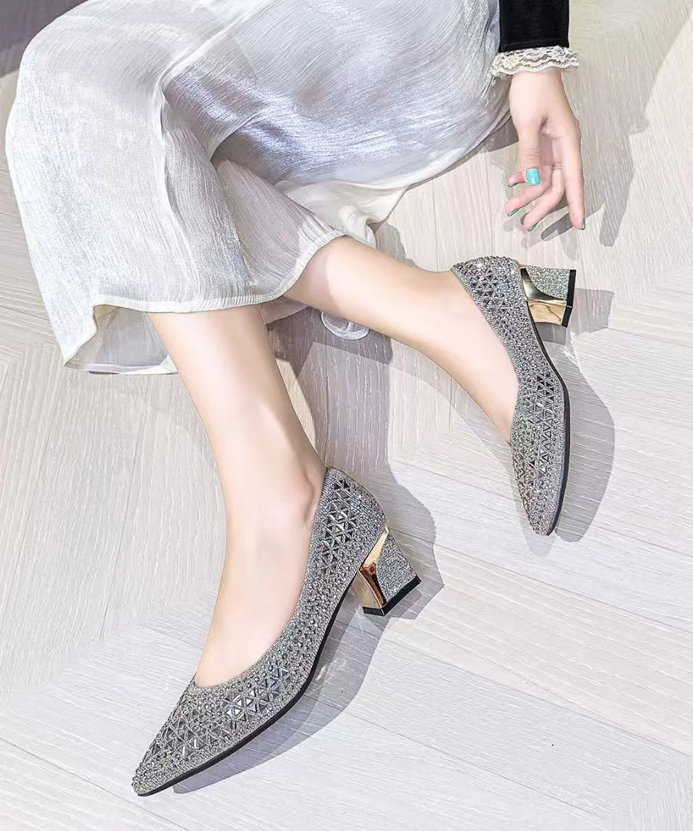Beautiful Hollow Out Chunky High Heels Silvery Faux Leather - Image 2