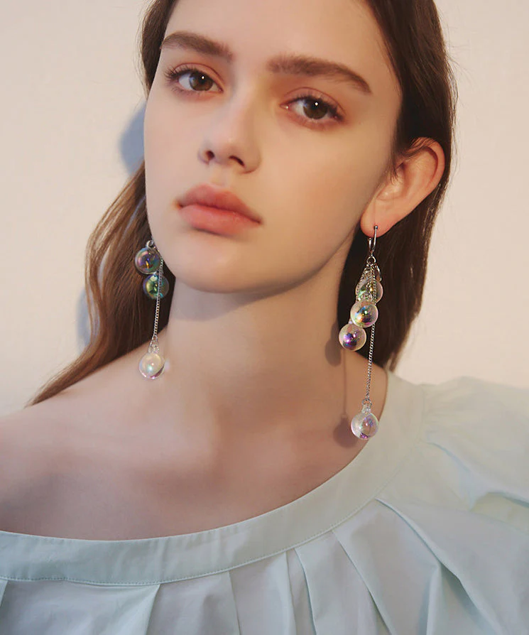 Beautiful Iridescent Bubble Long Tassel Crystal Bead Drop Earrings - Image 2