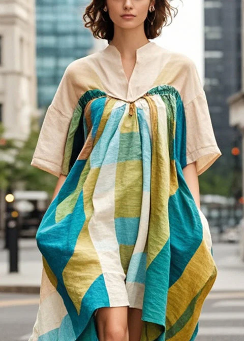 Beautiful Khaki Asymmetrical Print Cotton Robe Dresses Summer - Image 2