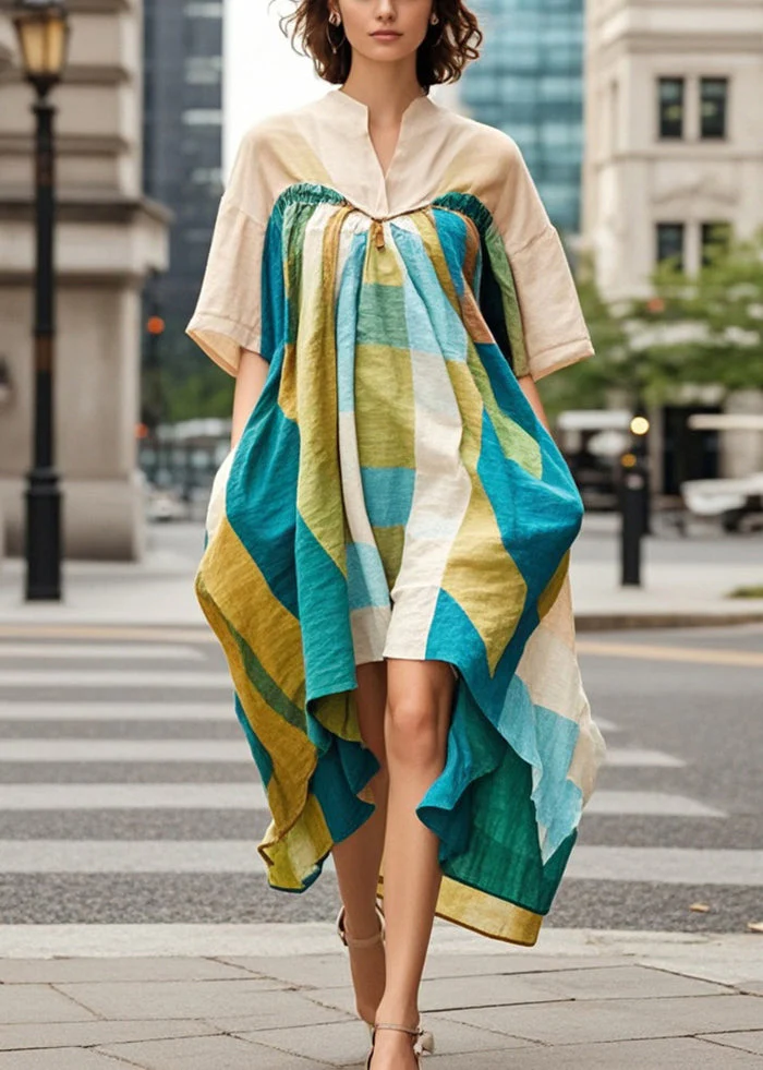 Beautiful Khaki Asymmetrical Print Cotton Robe Dresses Summer - Image 3