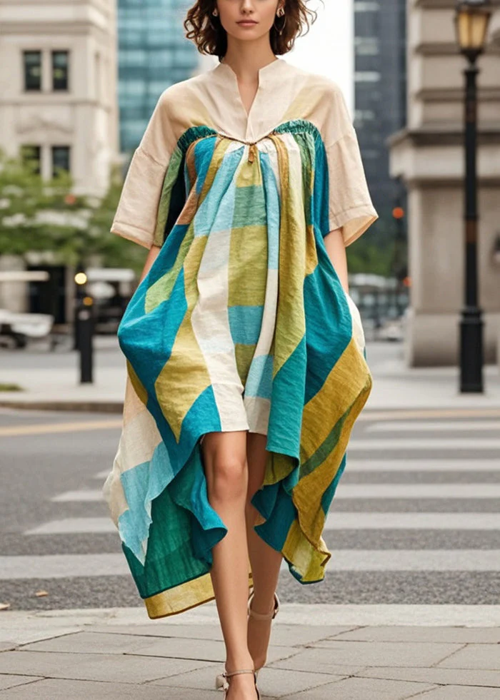 Beautiful Khaki Asymmetrical Print Cotton Robe Dresses Summer - Image 5