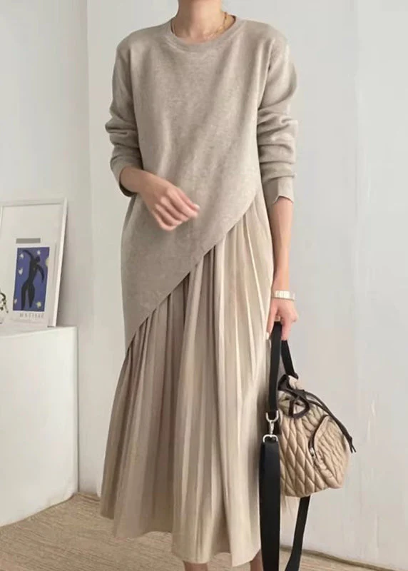 Beautiful Khaki Asymmetrical Wrinkled Knit Dress Two Piece Set Spring - Image 2