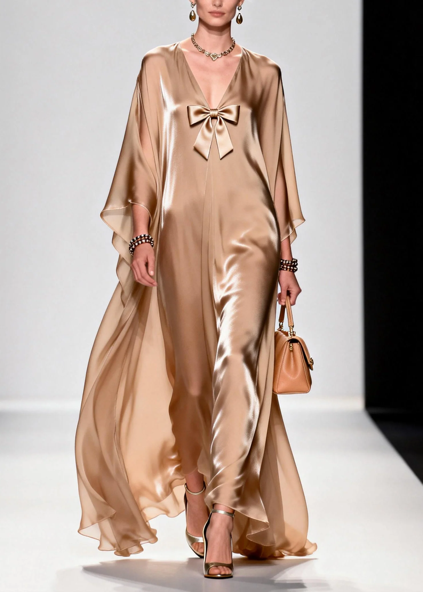 Beautiful Khaki Bow Exra Large Hem Draping Chiffon Maxi Dresses Summer - Image 3