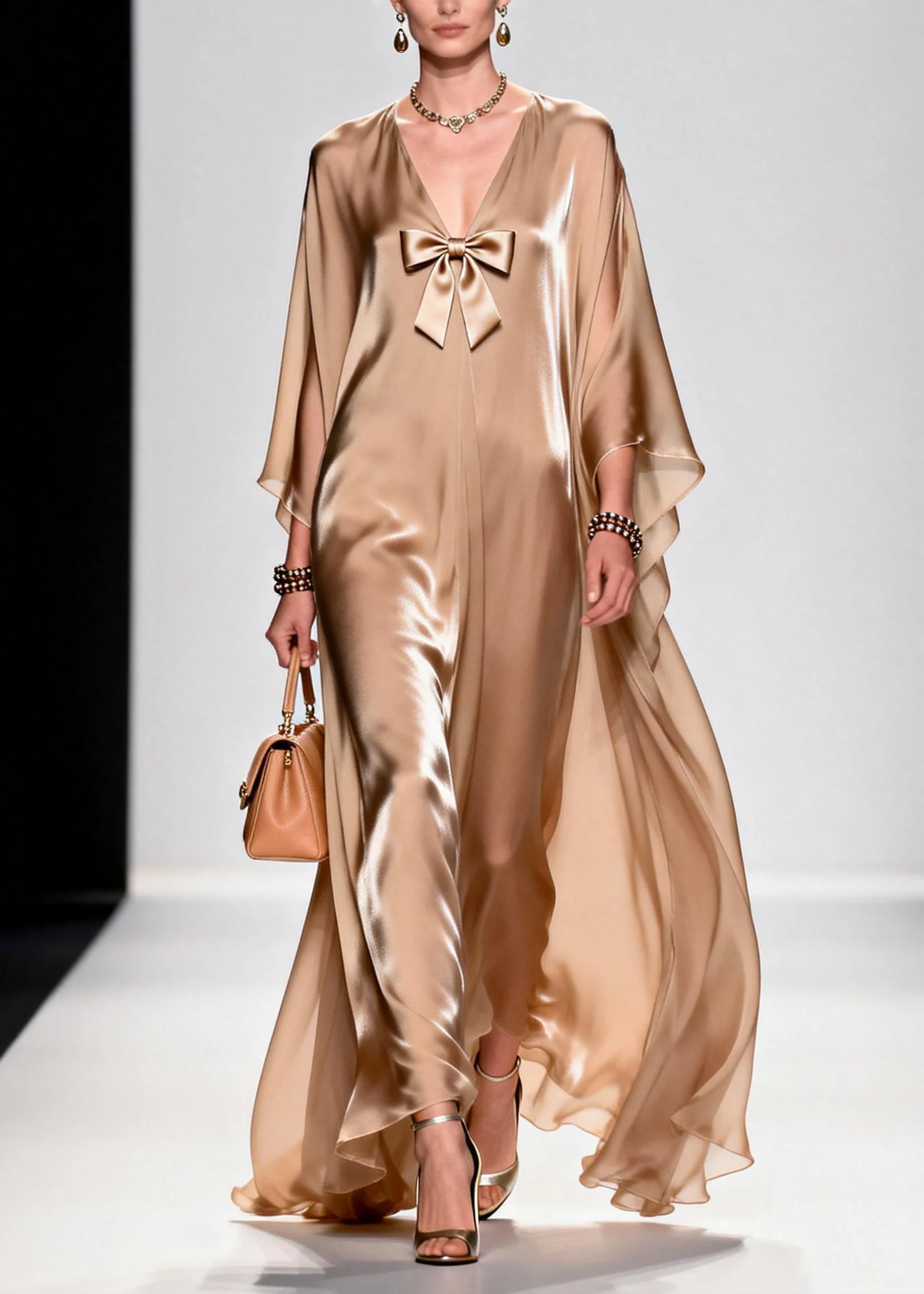 Beautiful Khaki Bow Exra Large Hem Draping Chiffon Maxi Dresses Summer - Image 5