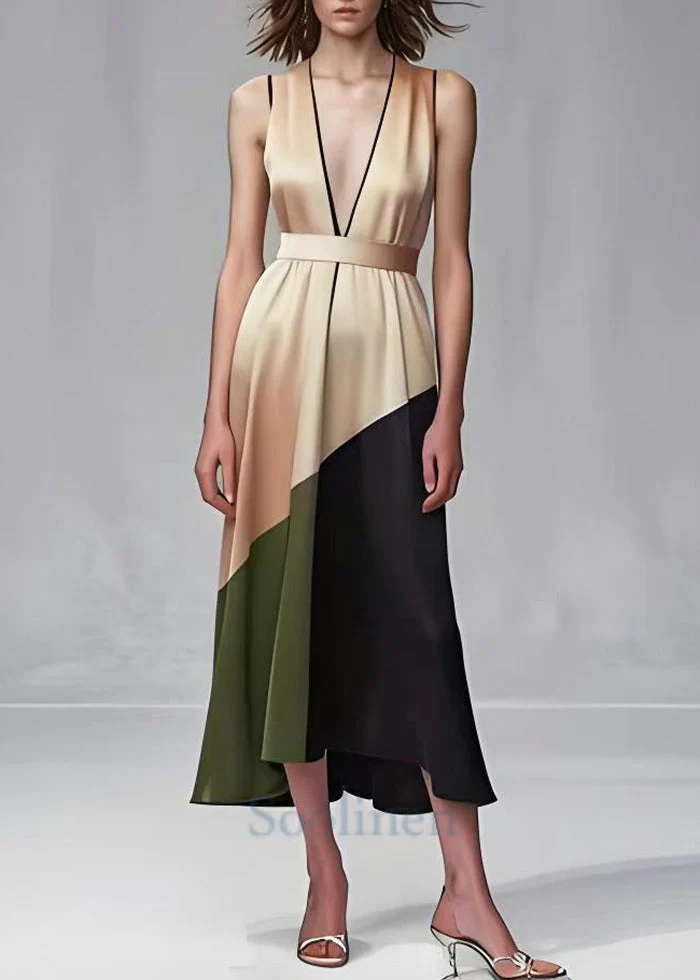 Beautiful Khaki Cinched Patchwork Silk Robe Dresses Summer - Image 2
