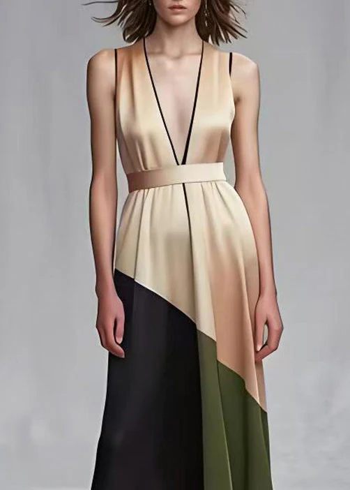 Beautiful Khaki Cinched Patchwork Silk Robe Dresses Summer - Image 3