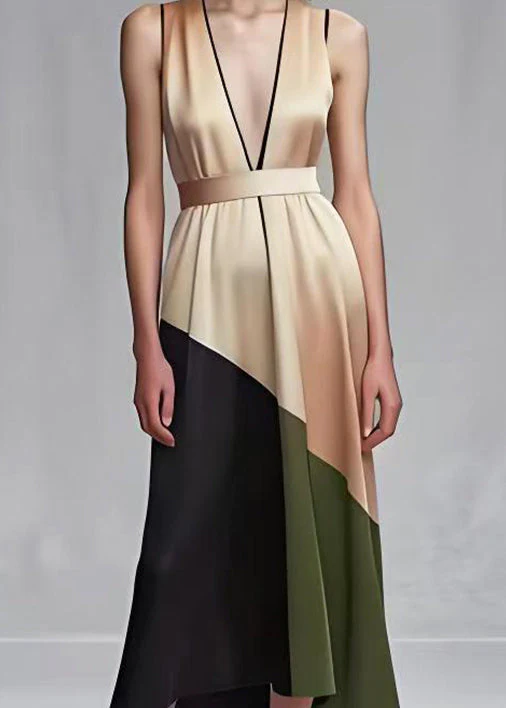 Beautiful Khaki Cinched Patchwork Silk Robe Dresses Summer - Image 4