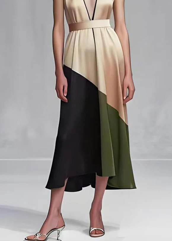 Beautiful Khaki Cinched Patchwork Silk Robe Dresses Summer - Image 5