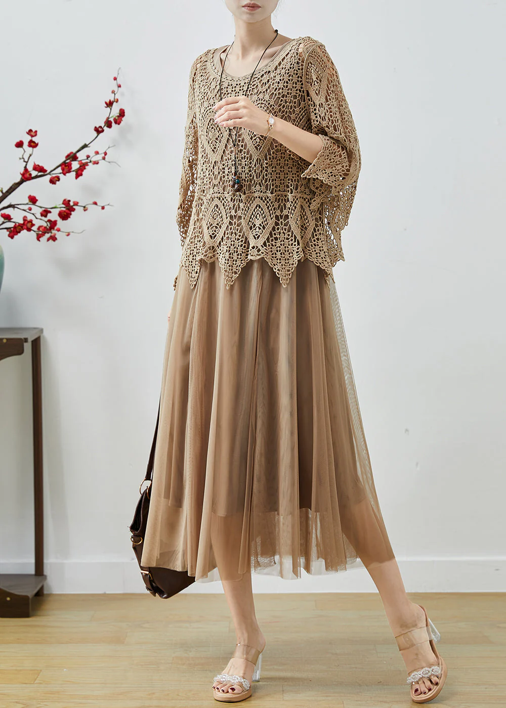 Beautiful Khaki Lace Patchwork Tulle Fake Two Piece Dresses Summer - Image 2