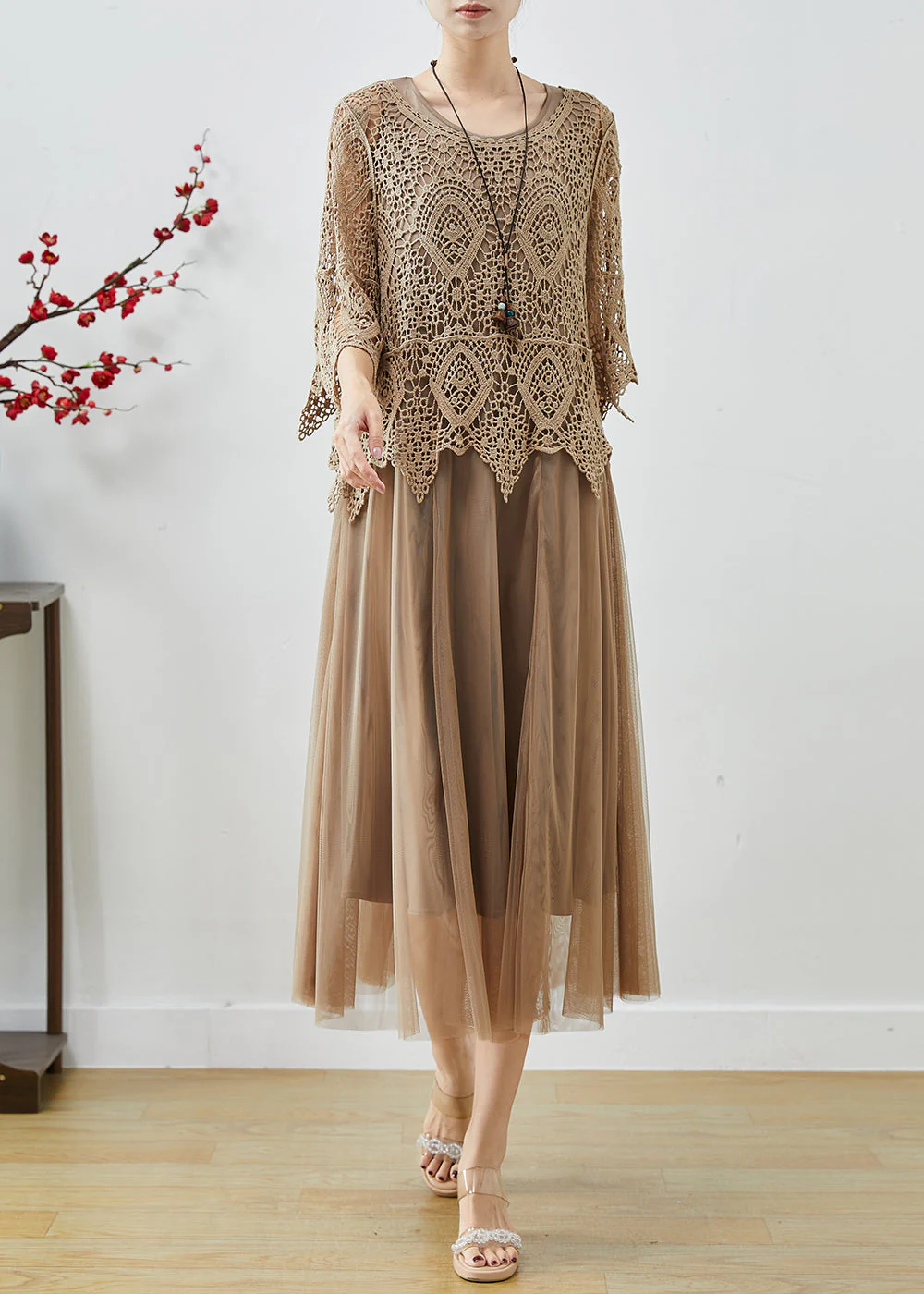 Beautiful Khaki Lace Patchwork Tulle Fake Two Piece Dresses Summer - Image 3
