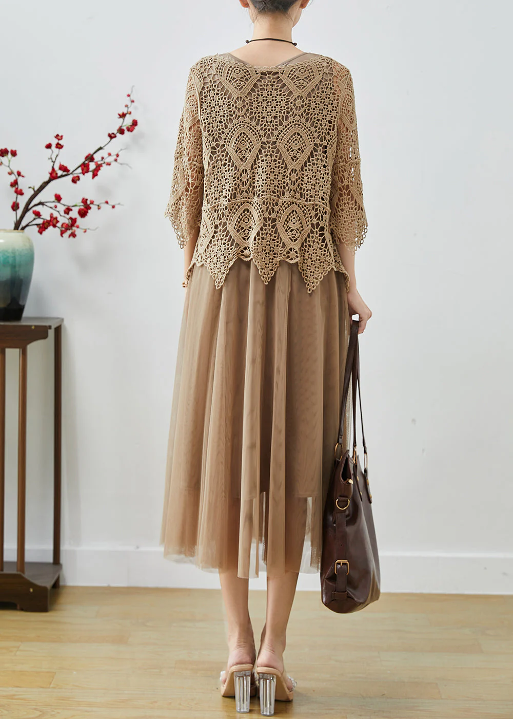 Beautiful Khaki Lace Patchwork Tulle Fake Two Piece Dresses Summer - Image 4