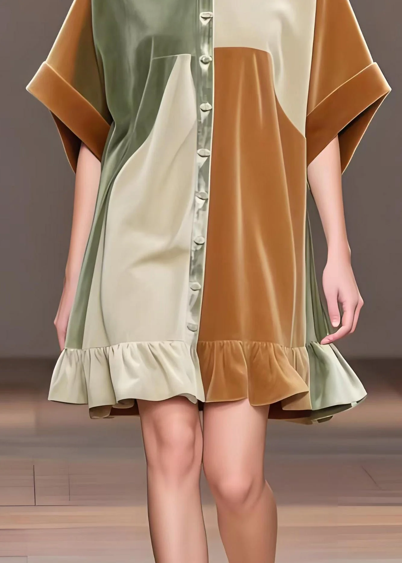 Beautiful Khaki Oversized Patchwork Silk Velvet Tea Dress Spring - Image 4