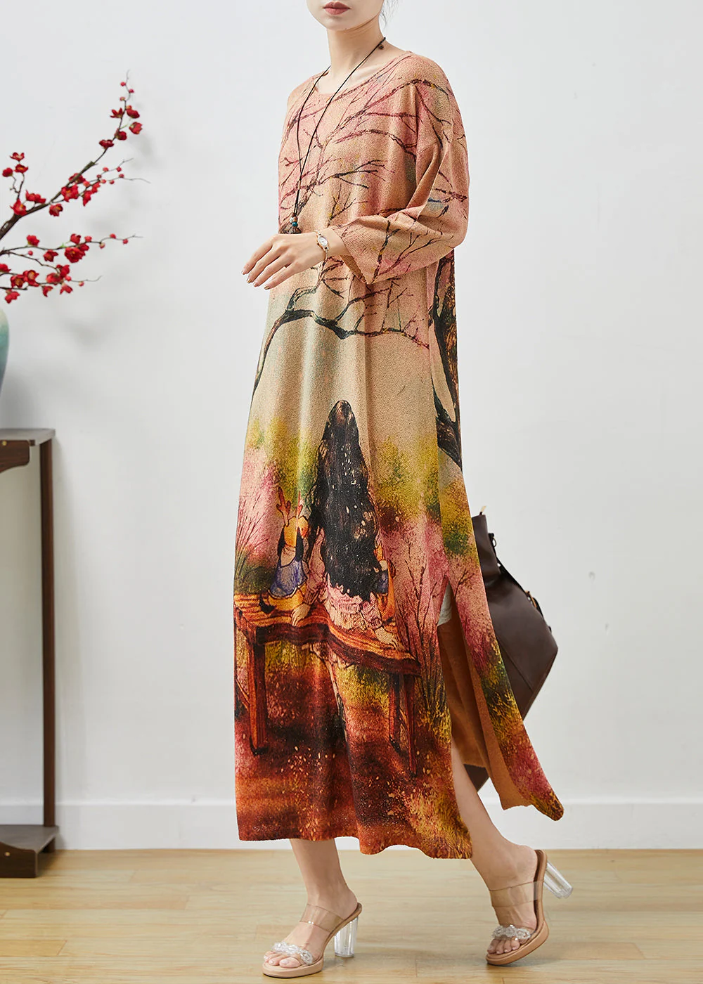 Beautiful Khaki Oversized Print Knit Long Dresses Fall - Image 3