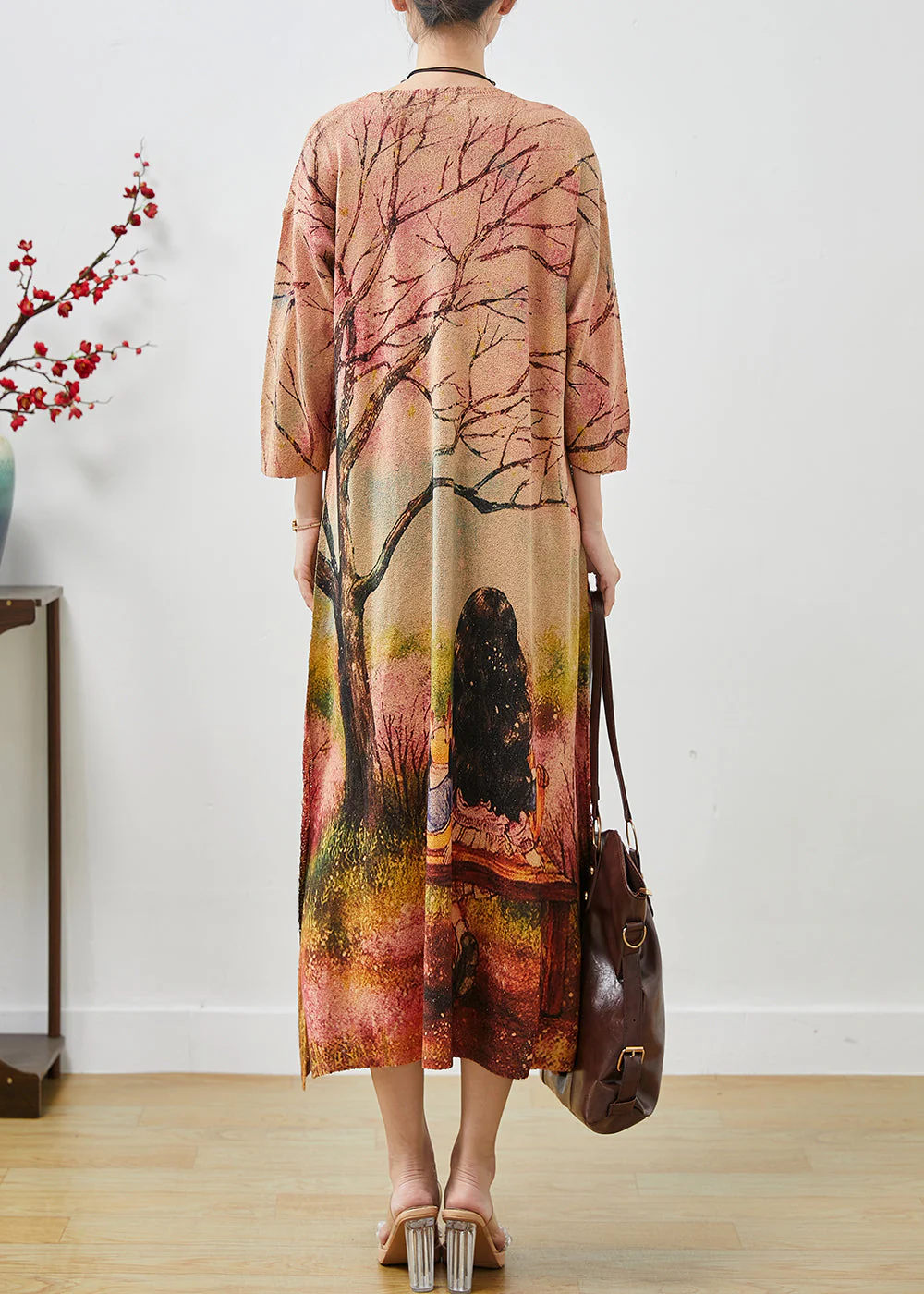 Beautiful Khaki Oversized Print Knit Long Dresses Fall - Image 4