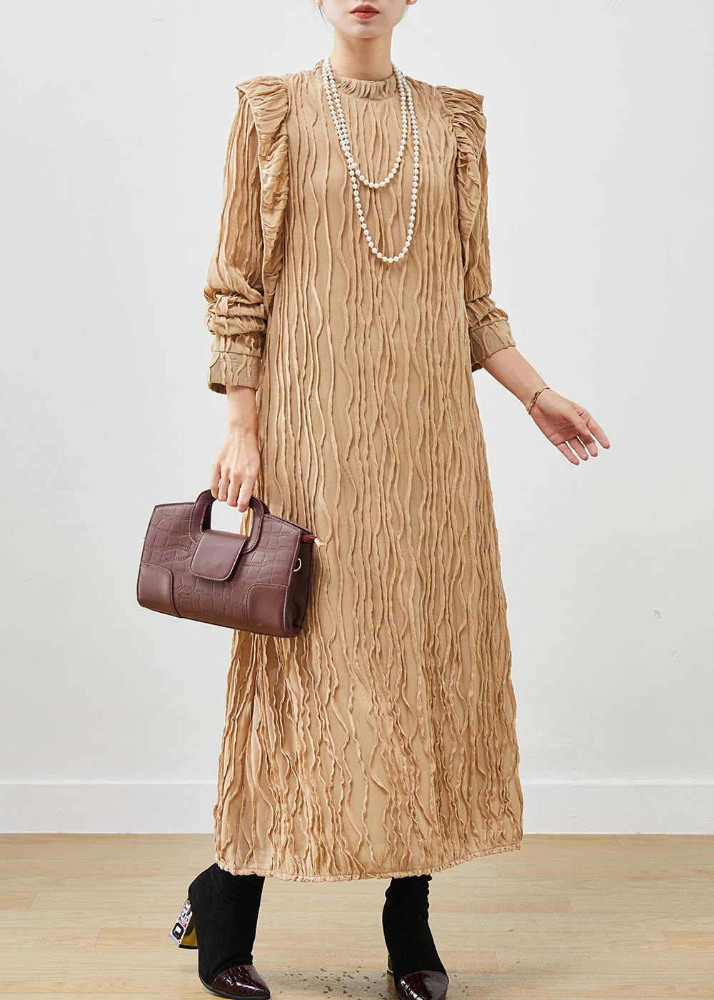Beautiful Khaki Ruffled Patchwork Cotton Party Dress Spring - Image 2