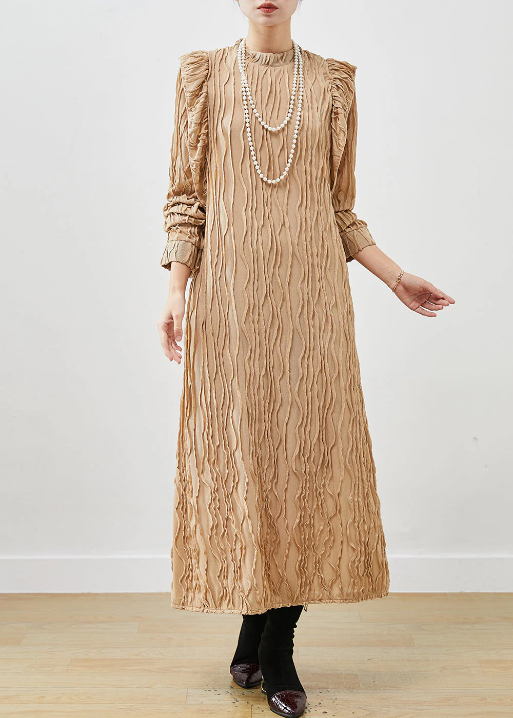 Beautiful Khaki Ruffled Patchwork Cotton Party Dress Spring - Image 3