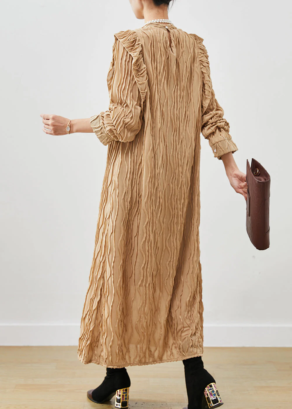 Beautiful Khaki Ruffled Patchwork Cotton Party Dress Spring - Image 4