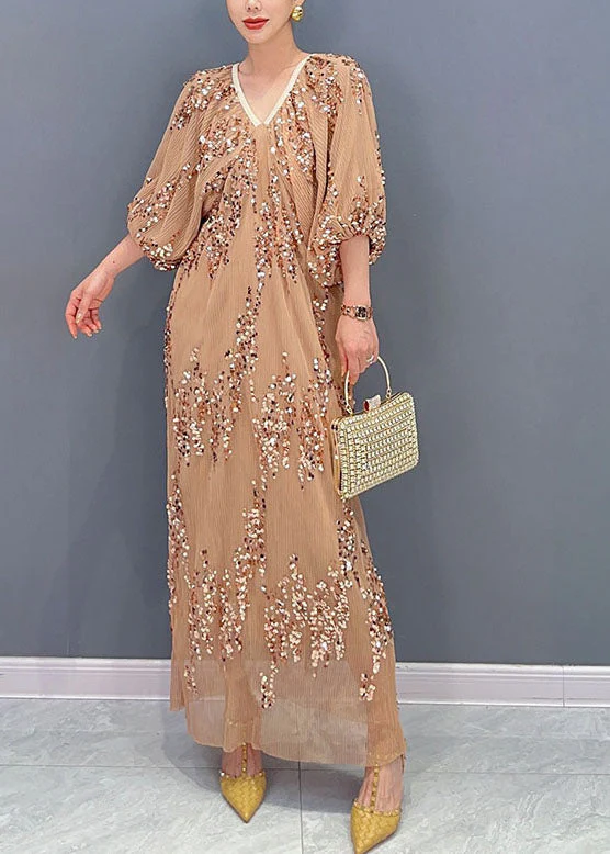 Beautiful Khaki Sequins Wrinkled Tulle Party Long Dress Puff Sleeve - Image 2