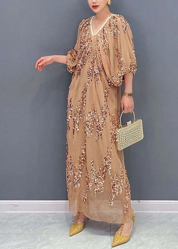 Beautiful Khaki Sequins Wrinkled Tulle Party Long Dress Puff Sleeve - Image 3