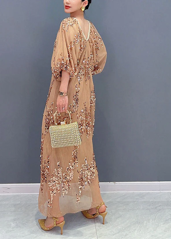 Beautiful Khaki Sequins Wrinkled Tulle Party Long Dress Puff Sleeve - Image 4