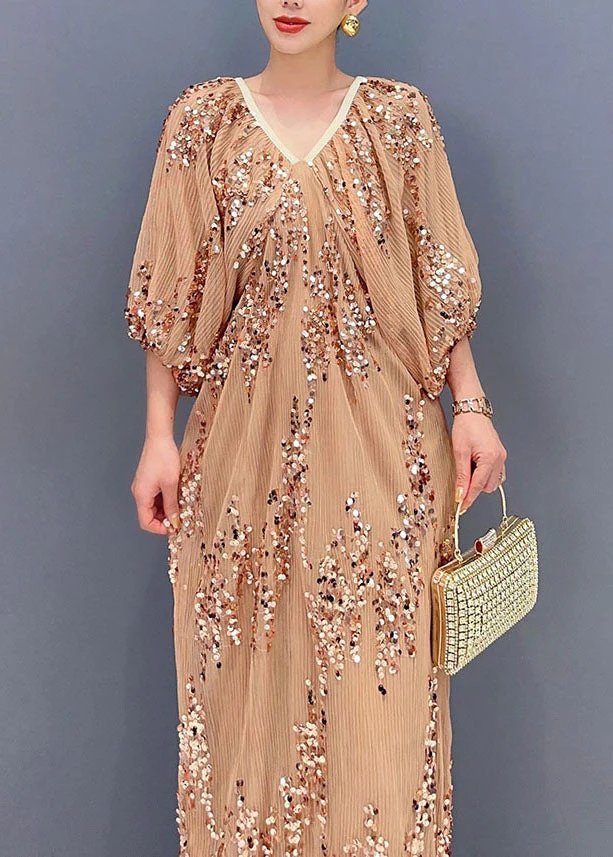 Beautiful Khaki Sequins Wrinkled Tulle Party Long Dress Puff Sleeve - Image 5