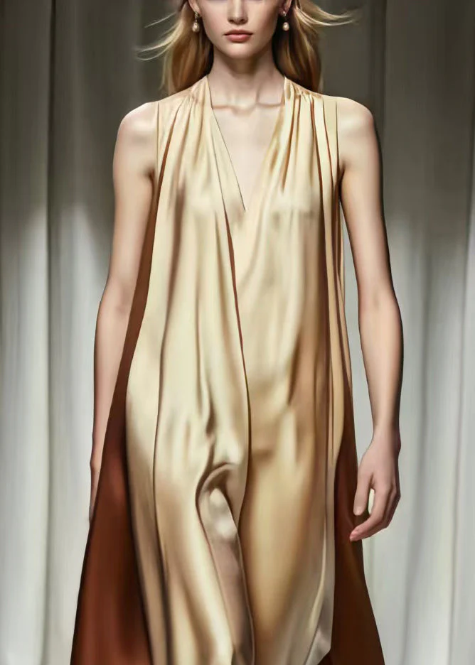 Beautiful Khaki V Neck Patchwork Silk Robe Dresses Summer - Image 3