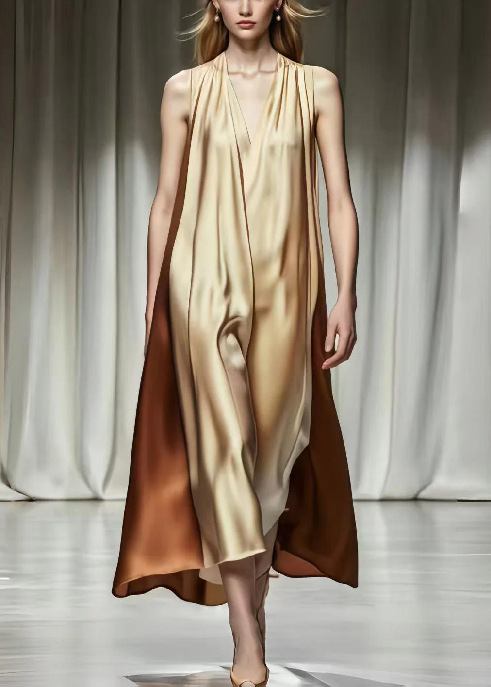 Beautiful Khaki V Neck Patchwork Silk Robe Dresses Summer - Image 4