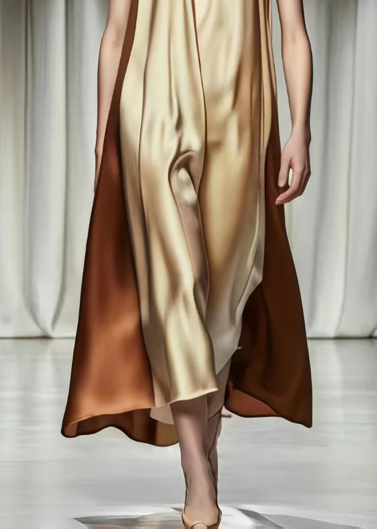 Beautiful Khaki V Neck Patchwork Silk Robe Dresses Summer - Image 5